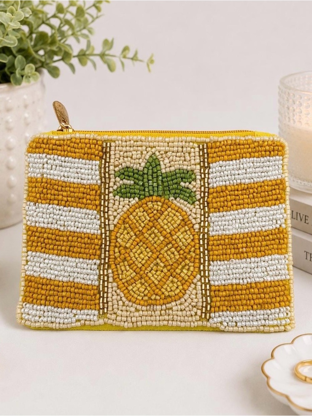 Beaded Pineapple Wristlet Clutch - Yellow & White